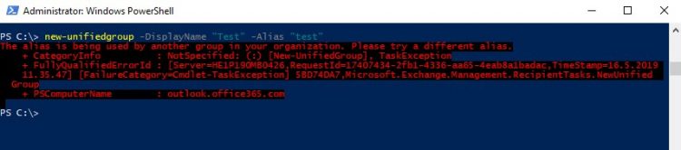 PowerShell commandlet "new-unifiedgroup" - The alias is being used by another group in your organization. Please try a different alias.