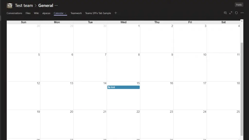 A custom SPFx webpart displaying a calendar for a Modern Team Site in SharePoint - but actually as a tab directly in Microsoft Teams!