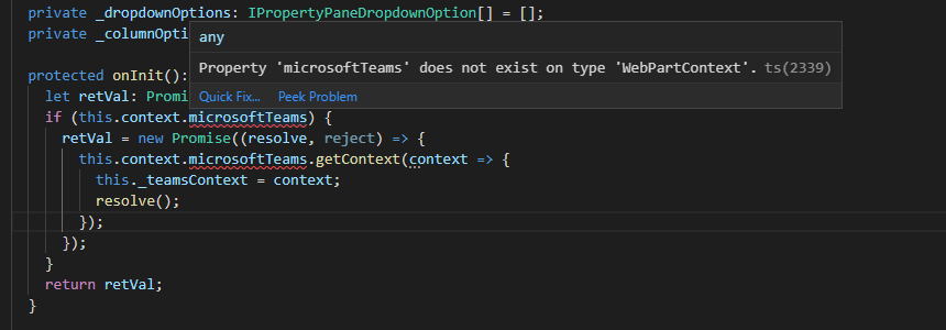 The error "Property 'microsoftTeams' does not exist on type 'WebPartContext'." shown in Visual Studio Code's intellisense.