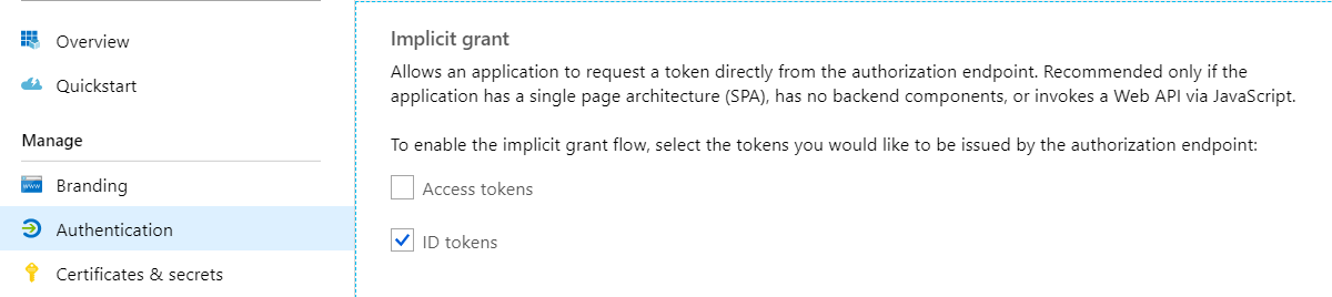 How to enable Azure AD to return ID tokens for your app.