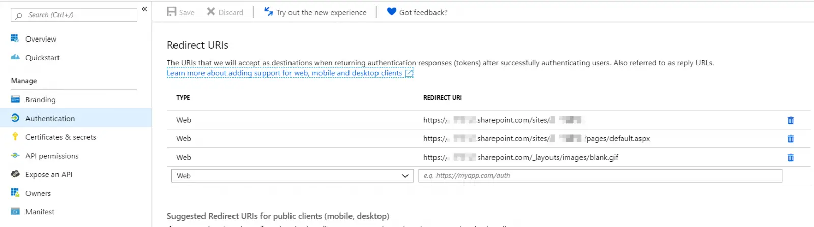 "Redirect URIs" -section in Azure Active Directory's app registration view.