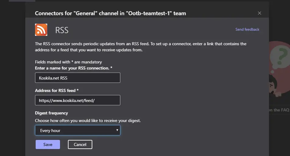 Configuring RSS feed connector in Microsoft Teams.