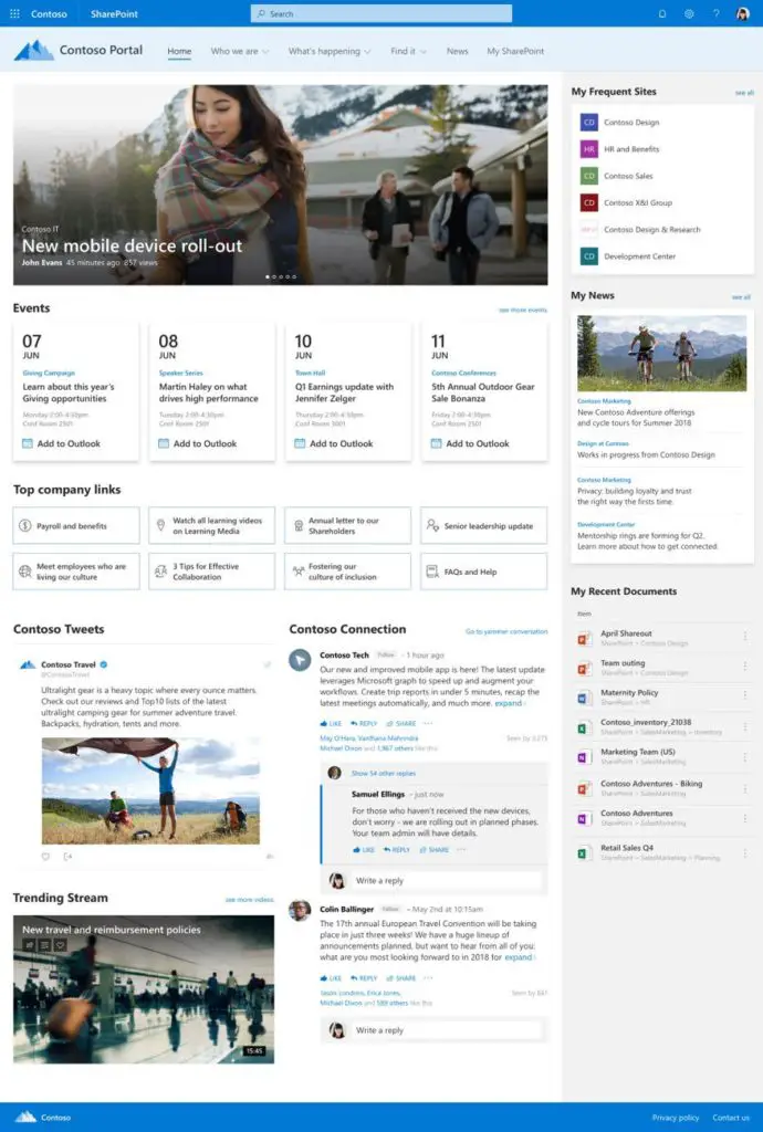 Example layout of a SharePoint Home site - example by Microsoft.