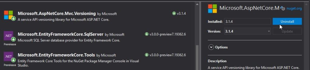 How to uninstall Microsoft.AspNetCore.Mvc.Versioning NuGet package.