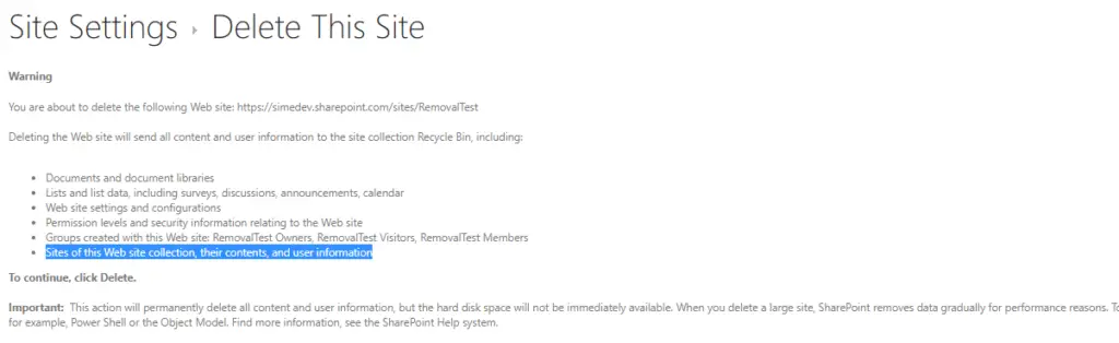 Site removal view now describes the whole site collection getting removed in case you remove the root web. This is a new (or rather, restored) behavior in SharePoint Online.