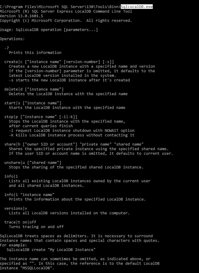 SqlLocalDB.exe output in console.