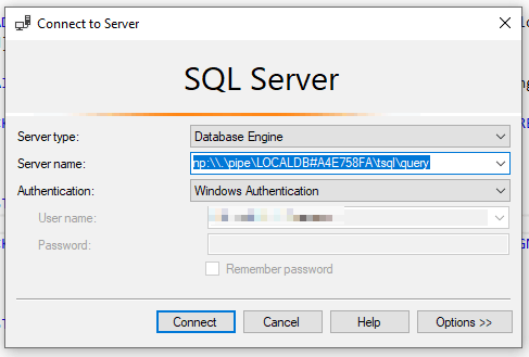 How to log in to local SQL Server using named pipes.