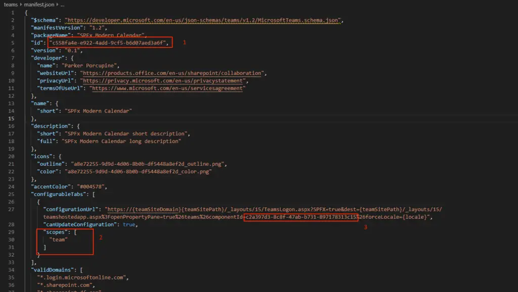 There's a few things you'll need to replace from the Teams manifest file. First of all, the componentId (number 1) needs to be replaced to be something unique. Safest to generate a new guid. Then make sure that the scopes (number 2) includes "teams". Finally, the guid in the path (number 3) needs to be replaced with the id (guid) of the SPFx component - you can get that from the SPFx component's manifest file!