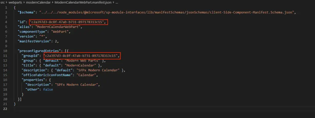 You'll need to grab the guid of this component from the manifest file - see the highlighted parts. It's needed for the Teams manifest.