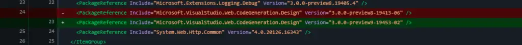 Visual Studio has forced an update upgrade of package "Microsoft.VisualStudio.Web.CodeGeneration.Design" from preview8 to preview9.