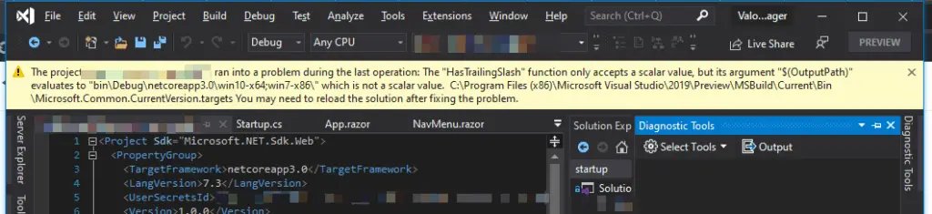 The "HasTrailingSlash" function only accepts a scalar value, but its argument "$(PublishDir)" evaluates to "bin\Debug\netcoreapp3.0\win10-x64;win7-32x\publish\" which is not a scalar value. C:\Program Files (x86)\Microsoft Visual Studio\2017\Enterprise\MSBuild\15.0\Bin\Microsoft.Common.CurrentVersion.targets