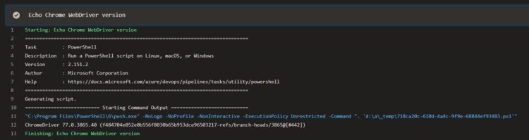 ChromeWebDriver version in Azure DevOps build pipeline job's log output