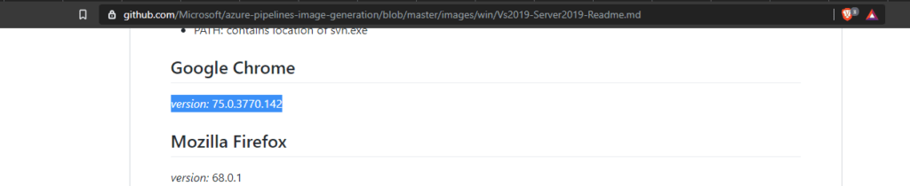 Microsoft's documentation detailing the version of Google Chrome installed on a hosted build agent