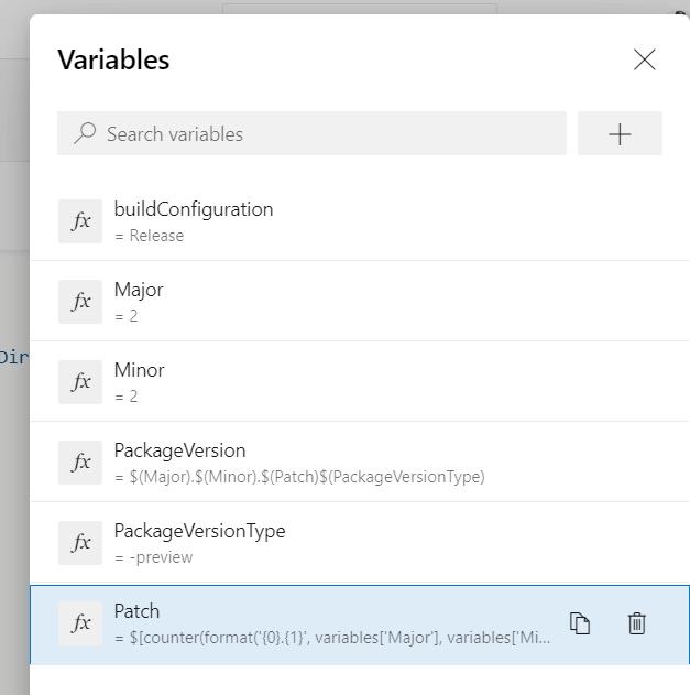 Pipeline variables required for configuring automatic versioning in Azure DevOps