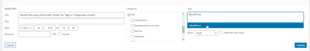 Managing Tags for your posts using the "Quick Edit" form in WordPress.