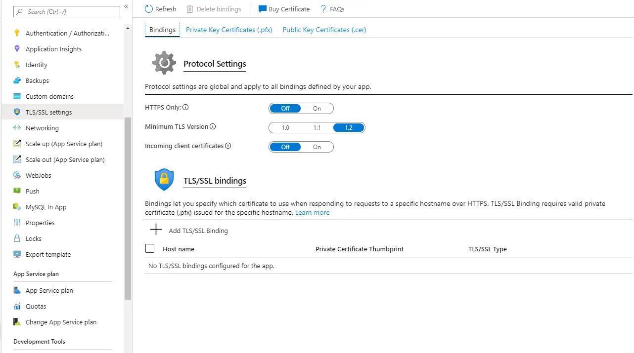 Azure App Service TLS/SSL Settings