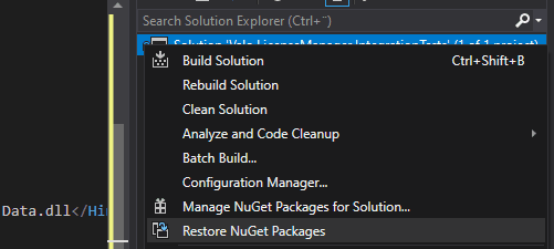 "Restore NuGet Packages" in the context menu in Visual Studio's solution explorer