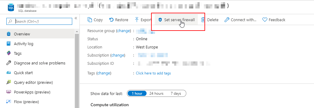 Accesing database firewall settings via Azure Management Portal.