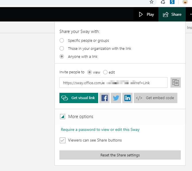 Microsoft Sway sharing options - it's very barebones.