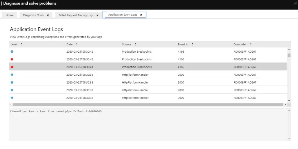 Azure App Service diagnostic log full of "Production Breakpoints" -error.. What gives?