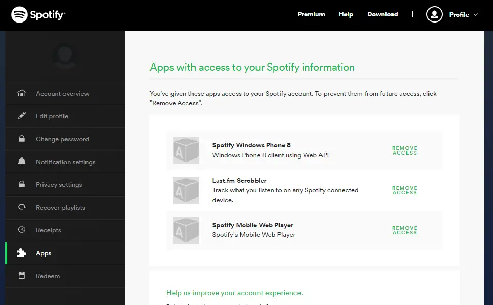 Manage app access to your Spotify account.