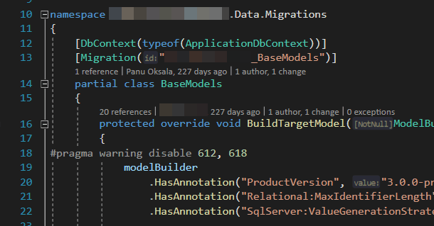 The "Migrations" folder in a project with Entity Framework Core code-first migrations has a bunch of files that'll take care of the creation of your model - but they're tied to a certain database context, as illustrated by the [DbContext(typeof(ApplicationDbContext))] attribute.