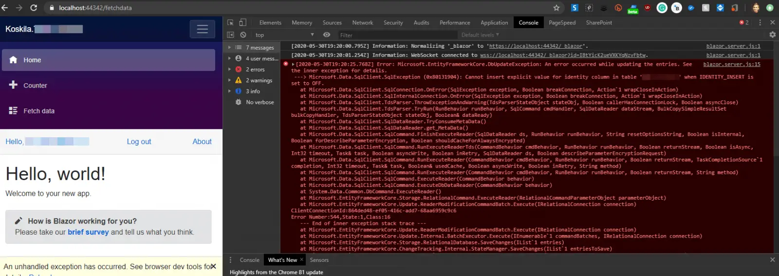 SQL Exception (Microsoft.Data.SqlClient.SqlException (0x80131904): Cannot insert explicit value for identity column in table when IDENTITY_INSERT is set to OFF) crashing my beautiful Blazor app.