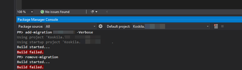"Build started", "Build failed" in Entity Framework's Add-Migration