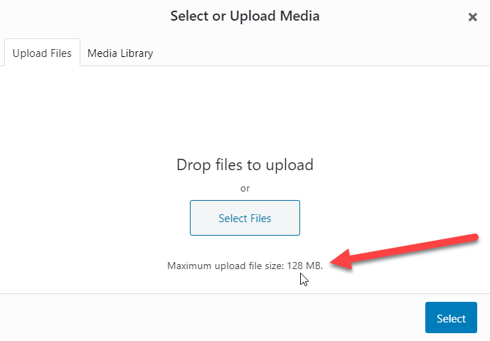 Upload limit visible on WordPress Media Library's Upload-tab.