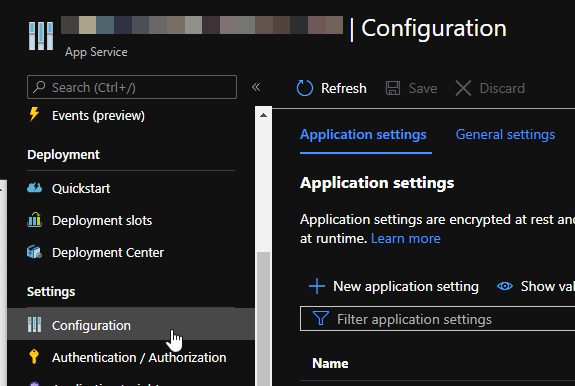 Settings > Configuration on Azure App Service.