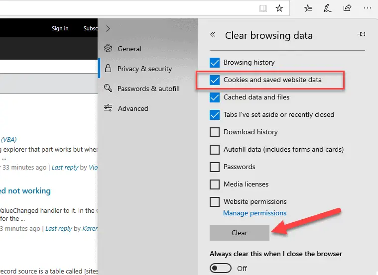 How to clear cookies in Microsoft Edge - hit Ctrl + Shift + Delete, select "Cookies" and hit "Clear".