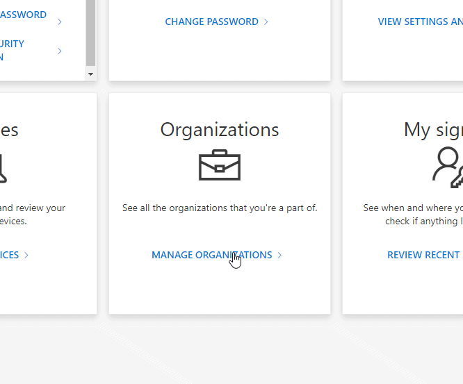 "Organizations"-section in Microsoft's account control.