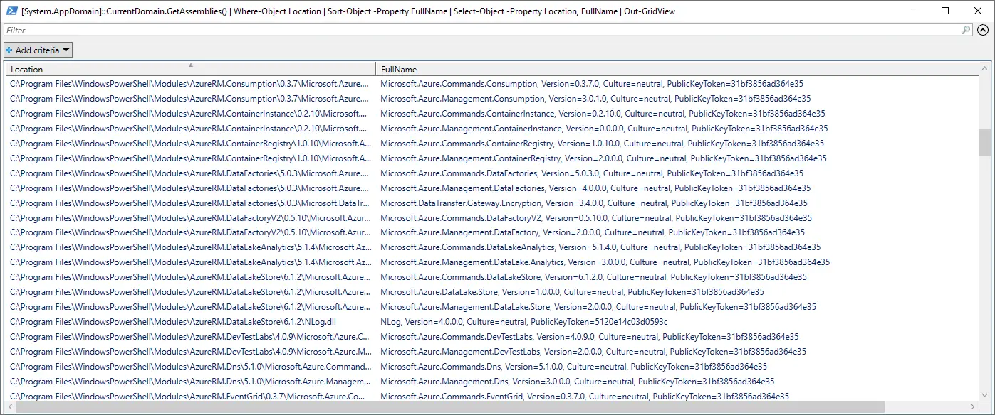 Output from CurrentDomain.GetAssemblies() formatted nicely in a Out-GridView