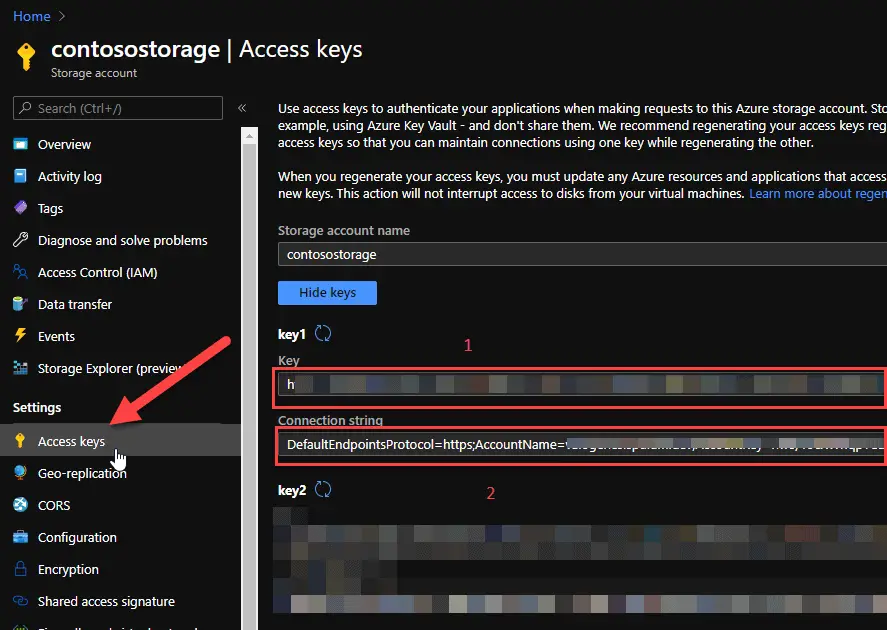 How to access storage account's secret access keys in Azure Portal?
