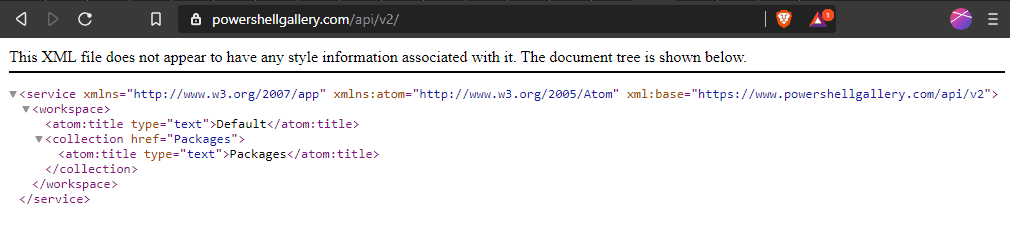 The expected XML output of https://www.powershellgallery.com/api/v2/