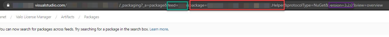 How to identify different sections of the URL of a certain package version in Azure DevOps' Artifacts -feed?