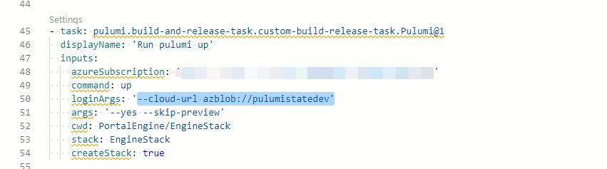 Where to configure the name of the Azure storage account hosting the state of your Pulumi stack?