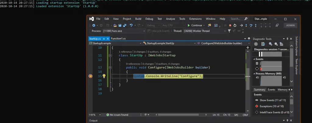 Hitting a breakpoint when debugging Azure Function Startup.cs