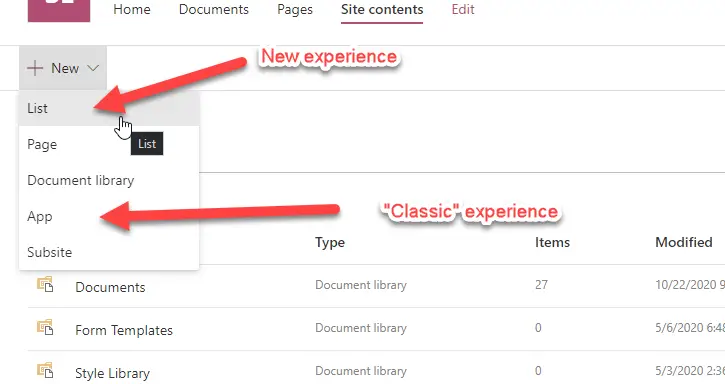 The 2 list creation experiences in SharePoint Online - Classic SharePoint lists and Microsoft Lists