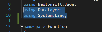 Adding your Data Layer namespace (or project) as an import in your Azure Function.