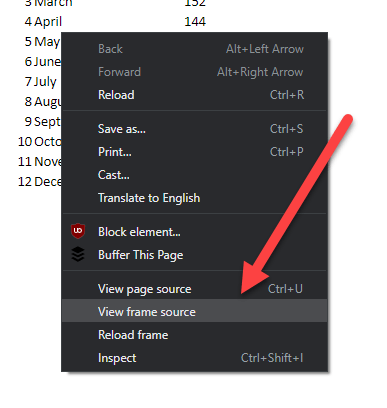 To see the html of the table, select "View frame source" after clicking on it with the right mouse button.