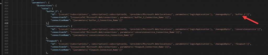 Modifying $connections (connectors) in the JSON template for your Azure Logic App. Found the misnamed connector.