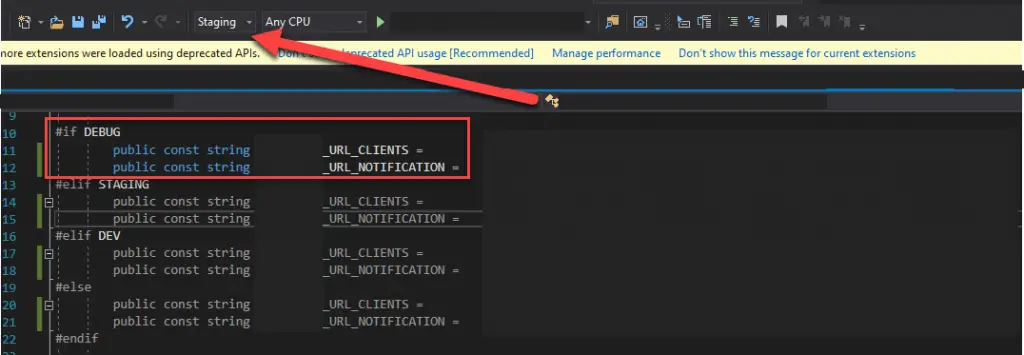 Build directives can enable and disable certain sections of the code - but in this example, the wrong sections are getting enabled!