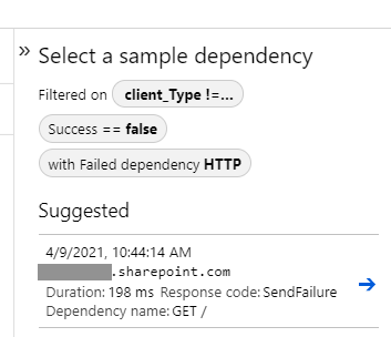 Filter by failed dependency (HTTP) - brings up failed connections to a SharePoint tenant.