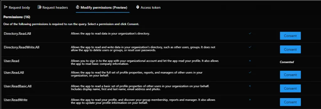 "Modify Permissions" tab on the Graph Explorer displaying required permissions and letting you to consent to them.