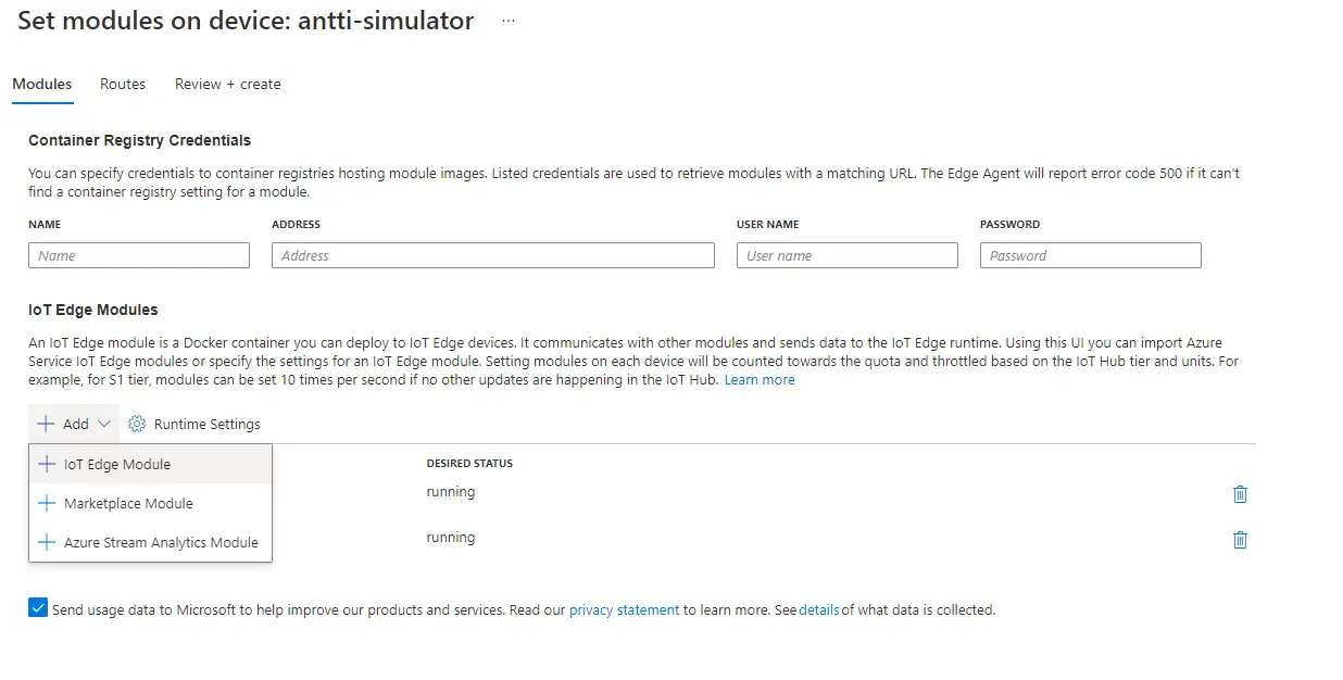 How to set modules on Azure IoT Hub's Edge Device configuration