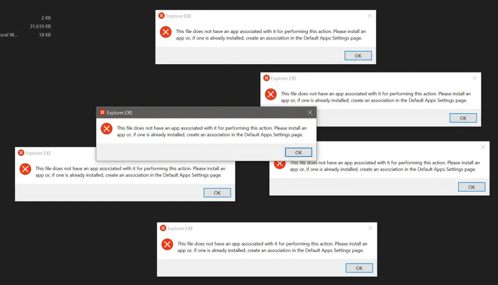 The error pop-ups for "This file does not have an app associated with it for performing this action. Please install an app or, if one is already installed, create an association in the Default Apps Settings page." just keep coming up.