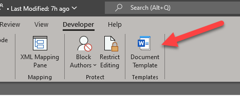 Selecting "Document templates" from your Developer Ribbon in Microsoft Office Word.