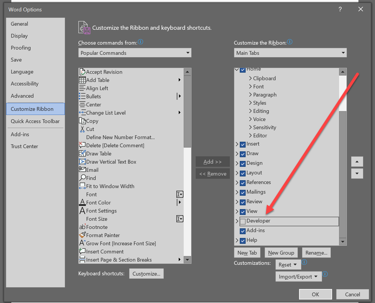 Finding the "Developer" section for your Office Ribbon in Microsoft Word.