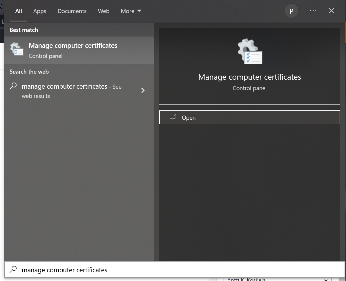 Manage Computer Certificates in Windows Start Menu
